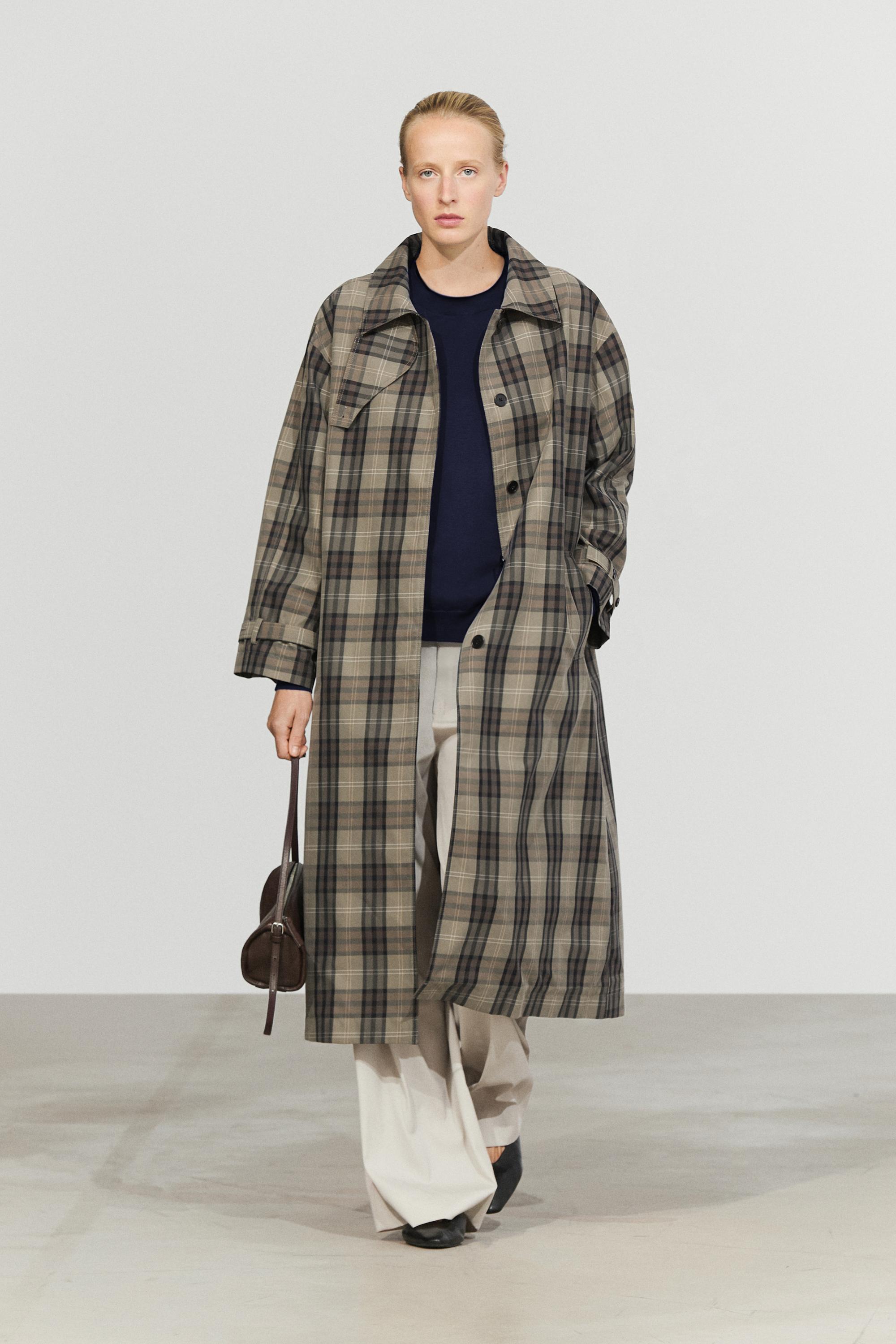 Long cotton blend plaid trench coat